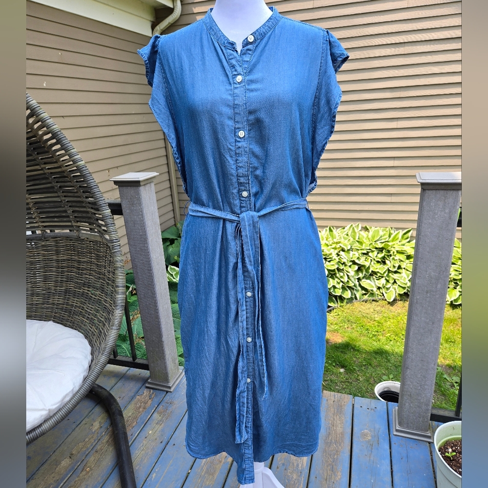 GAP Blue Button Up Midi Chambray Sundress with Flutter Sleeves Tie Waist